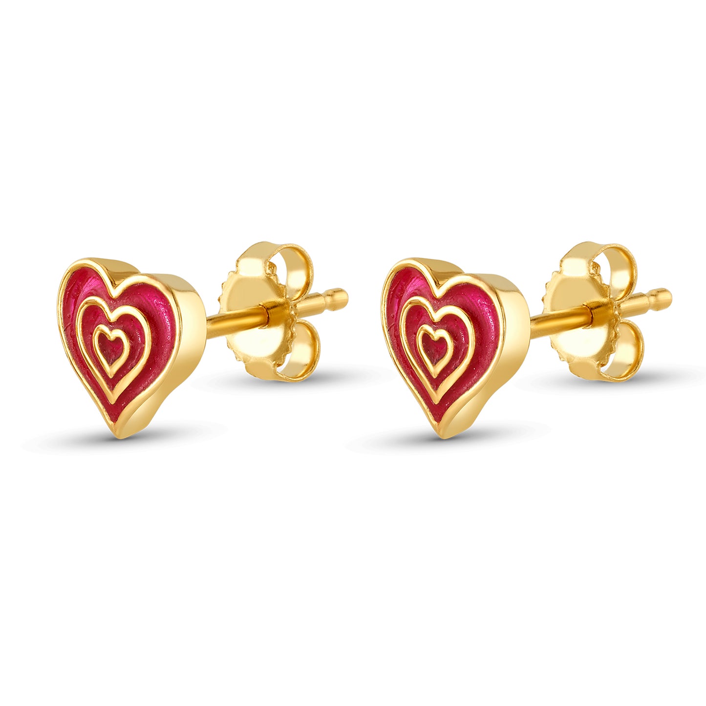 Sarah's Heart Stud Earrings in Yellow Gold and Red Enamel